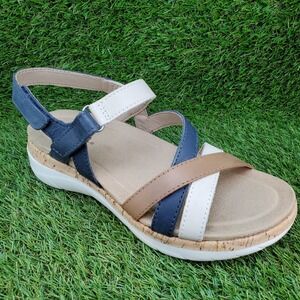 Earth Rosie SIZE 6 Women's Leather Strappy Arch Support Sandals Navy Cream